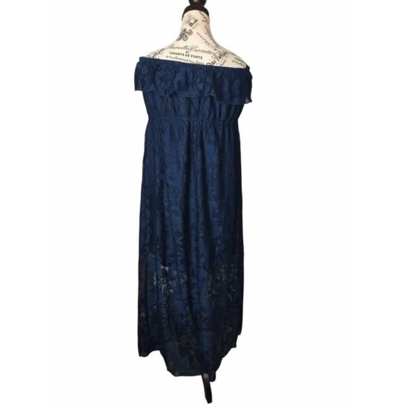 Deb Womens 1X Navy Lace Flowy Maxi Dress Off Shoulder‎ Strap Boho Resort Summer - Picture 2 of 8
